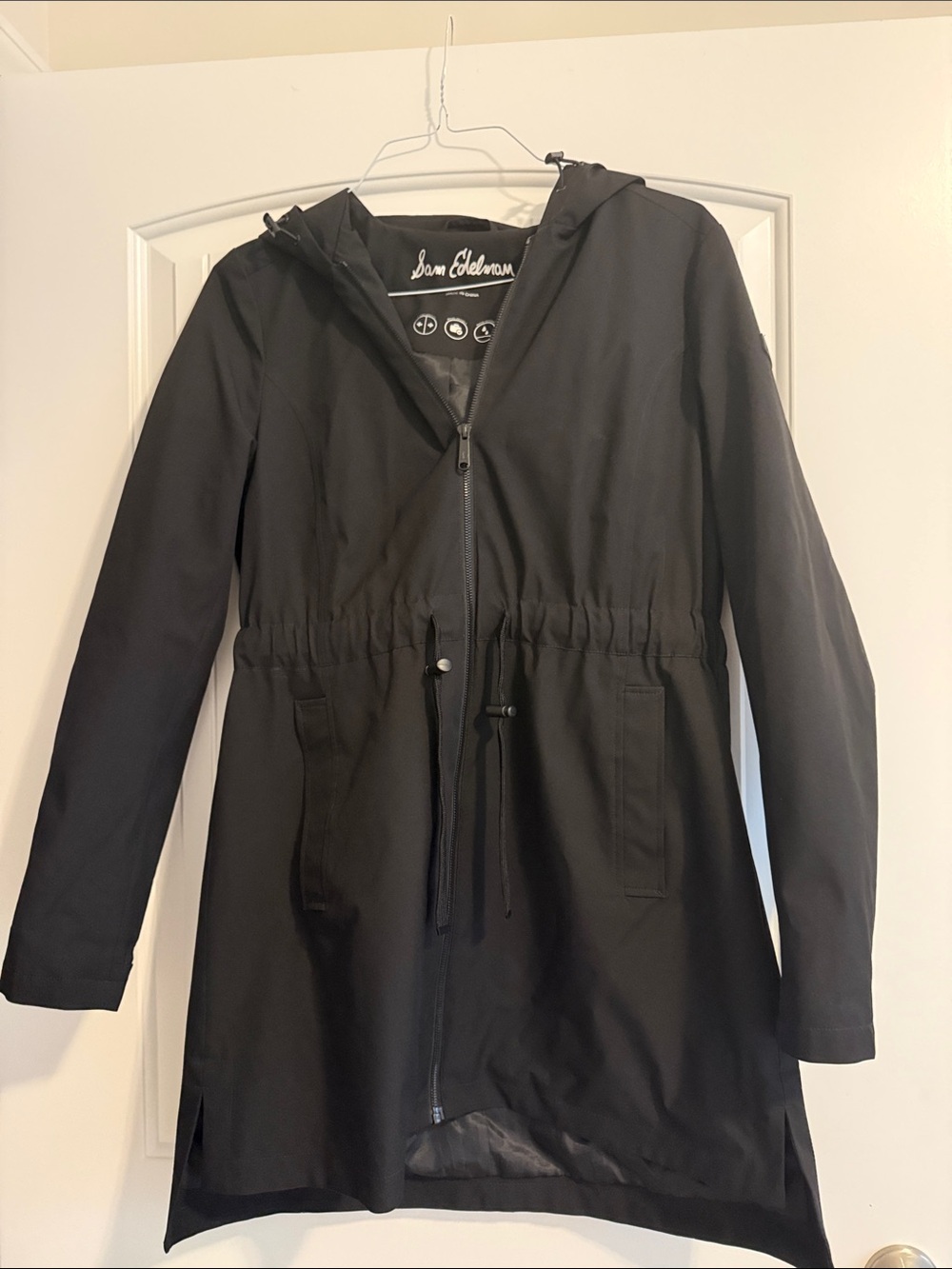 Sam Edelman Black Hooded Trench Coat with Drawstring Waist